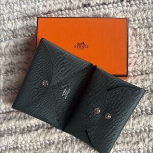 Hermès Dark Green Calvi Duo Card Holder
